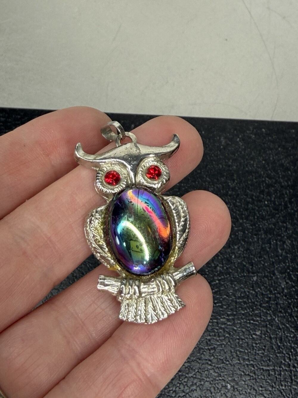 Vintage Pendant Owl Jelly Belly & Red Rhinestone Eyes Silver Tone